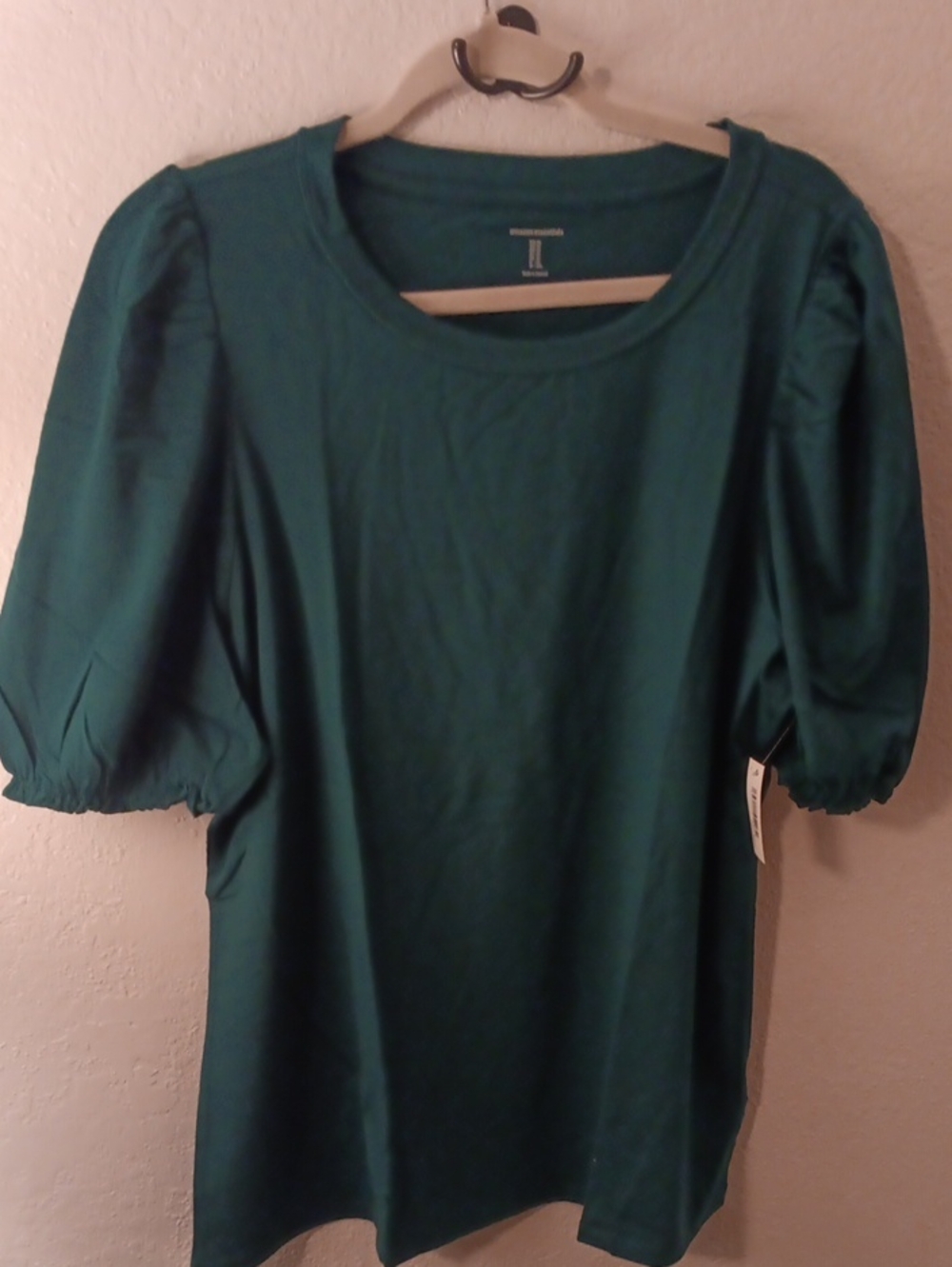 Amazon Essentials Dark Green Puff Sleeve Crewneck Top